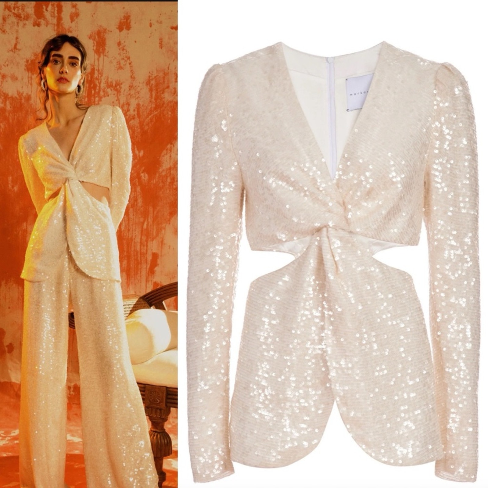 Markarian Rose Ivory Sequin Twist Front Cutout Top Blouse Size 12 Nwt — image 2 of 8
